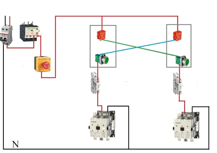 Reversing starter connection diagram shows detailed wired connections